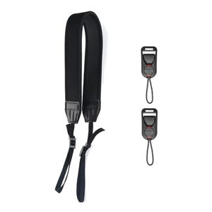 May include: A black camera wrist strap and a black camera neck strap are displayed against a white background. The neck strap has a padded section for comfort. Two additional black connectors are also shown.