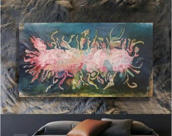 May include: Abstract painting with a pink, green, and blue color scheme. The painting features a large, organic shape in the center, surrounded by smaller, swirling shapes. The background is a dark blue.