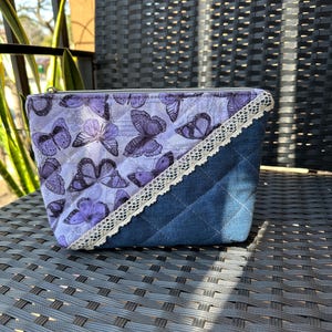 Quilted cosmetic bag, Gift for women, Travel organizer, Handmade makeup pouch, Denim cosmetic bag, Zippered cosmetic bag,  Quilted pouch