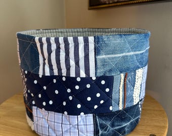 Upcycled Denim Storage Basket - Handmade Quilted Fabric Organizer