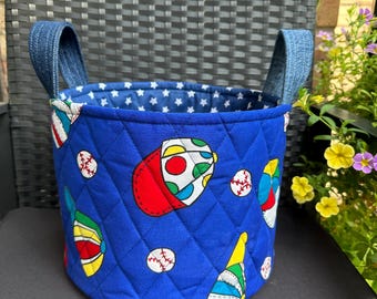 Handmade Quilted Fabric Basket: Baseball & Caps Theme - Kids Room Decor