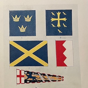 以下が含まれることがあります： 7つの歴史的な旗と旗の集合。旗は長方形と三角形で、王冠、十字架、ライオン、鳥など、さまざまなシンボルとデザインが描かれています。旗は白い背景に表示されています。