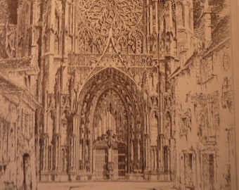 John Taylor Arms Cathedral etching - Gothic Glory Sens Cathedral - fine detail - framable 1930 French Church in stone found in art  book