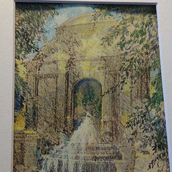 Paris Medici Fountain Paris George Wharton Edwards 1924 matted color original lithograph easy to frame Luxembourg Gardens Watercolor