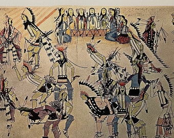 Greater Dance Shows | Oglala Sioux Ledger Art by Amos Bad Heart Bull | 1967 Original Published Lithograph | Indigenous People | Wall Art