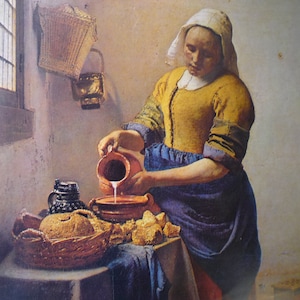 Vermeer - La lechera - 1660 pintura Cartel de arte - 14 por 10.5 pulgadas. Cartulina Listo para enmarcar - Edad de Oro holandesa