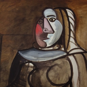 May include: A painting of a woman with a blue and white face, wearing a dark brown dress with a blue collar. The background is a dark brown.