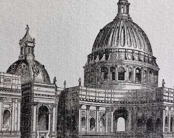 El plan rechazado de Christopher Wren, Catedral de San Pablo / Renacimiento inglés / Grabado antiguo