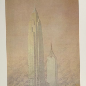 May include: A watercolor painting of a cityscape with tall buildings in the background and smaller buildings in the foreground. The sky is a soft pink and orange color. The buildings are painted in shades of gray and white.