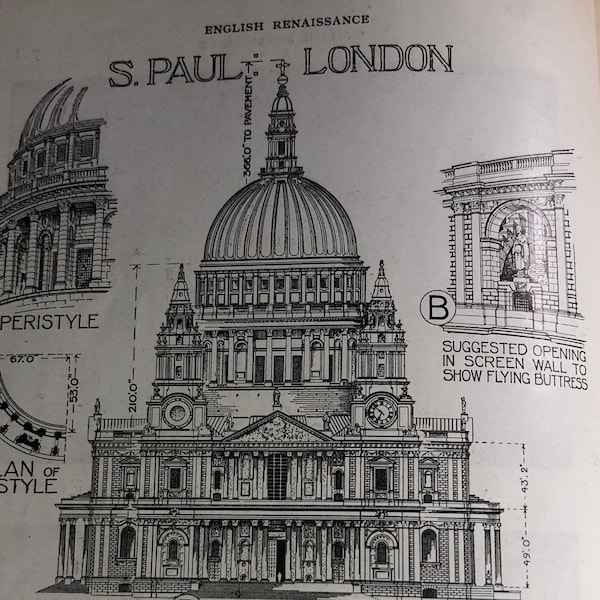 St Paul London Architecture Print Framable diagrams elevation plans British Landmark gift for architect, designers