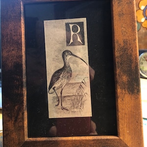 Letter R Monogram Alphabet Woodcut by A Thornburn with Curlew Framed Antique Original print Published Lithograph Rare image 1