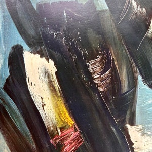 Könnte beinhalten: Ein abstraktes Gemälde von Schneider aus dem Jahr 1958 mit kräftigen, schwungvollen Pinselstrichen in tiefem Schwarz, Dunkelblau und Weiß, mit subtilen gelben und roten Akzenten. Titel: Painting, 1958, 38,1 x 45,7 cm (Galerie Lorenzelli, Mailand).
