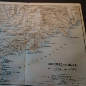 Antike Karte Nizza und Umgebung Farblithografie von 1910 - Französischer Ratgeber Radierungsfarbe leicht einrahmen 8 x 6,25