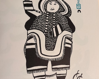 Inuit Art | Womsn with Doll by Pitseolak | Arctic Art World | Vintage Wall Art