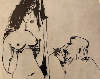 Picasso, Young Woman posing for a Painter | Drawing After Pablo Picasso | Original published lithograph 1954 | Dated in plate