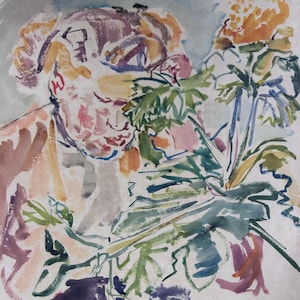 以下が含まれることがあります： 花を持つ人物を描いた水彩画。ピンク、オレンジ、緑、紫などの柔らかな色使いが特徴です。花が中心で、筆致が細かく描かれています。アーティストのサインが見えます。