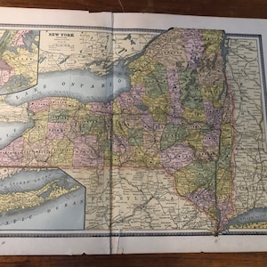 1886 New York State Karte handkolorierte Lithographie Americana 13 x 22 Zoll Zwei Seite Große Wand Kunst Framable Dekor US Geschichte Antik