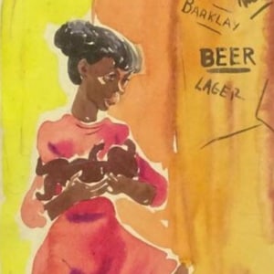 Black Mother holding Baby with Orange background Beer. Bright colors. Giclee Art print. Mid century Motherhood. Wall decor