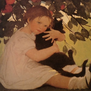 Bébé avec chat noir - J’aime ma chatte - cadeau Jessie Willcox Smith couleur Lithographie - impression framable en taille Poster - pour carte fête des mères