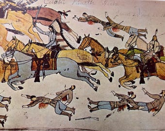 Battle of Little Big Horn | Oglala Sioux Ledger Art by Amos Bad Heart Bull | Indigenous Art| Wall Art