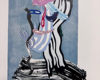 Cara de abuelo de Lichtenstein enmarcada / Serie Pinceladas / Arte pop neoyorquino de los años 80 / Litografía publicada Pieza pequeña con acento Lista para exhibir