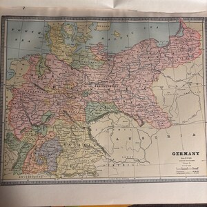 Carte de l'Allemagne de 1886 | lithographie colorée à la main | 13 x 11 pouces Leçon d'histoire | Décoration murale antique Great Details