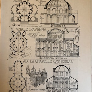 1924 Church Domes published lithograph. Wall Art for architect Great for framing Ravenna Rome. Architecture history