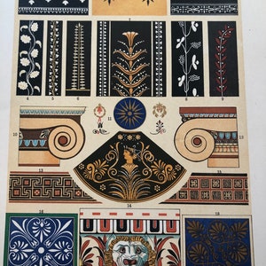Op de afbeelding: Een vintage illustratie van Griekse en Romeinse architectonische ontwerpelementen. De afbeelding toont verschillende patronen, waaronder bloemmotieven, geometrische vormen en gestileerde figuren. De illustratie is gelabeld met de woorden "Greek", "Griechisch" en "Grec" in verschillende talen.