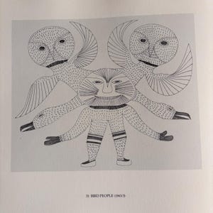 May include: Black and white illustration of a figure with a smiling face and bird-like features. The figure has multiple arms that end in bird heads. The text at the bottom reads "31 BIRD PEOPLE (1963/3)".