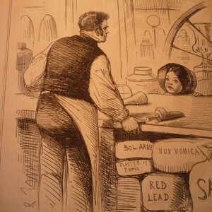 1855 Karykatura Bezpieczeństwo żywności Satyra polityczna Epoka wiktoriańska z magazynu Punch London Charivari Oryginalna ilustracja do magazynu wczesna karykatura