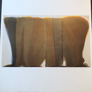 Puede incluir: Pintura abstracta titulada "Dalet Kuf" de Morris Louis. La pintura presenta una gran forma abstracta en tonos de marrón, amarillo y azul. La pintura es de resina acrílica sobre lienzo y mide 2,3 metros de alto por 3,8 metros de ancho.