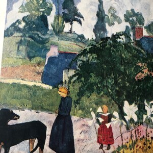 Paisagem de Gauguin na Bretanha Bright Vintage 1950 11,5 por 16 grande impressão original Cena abstrata Arte pré-Taiti por artista impressionista