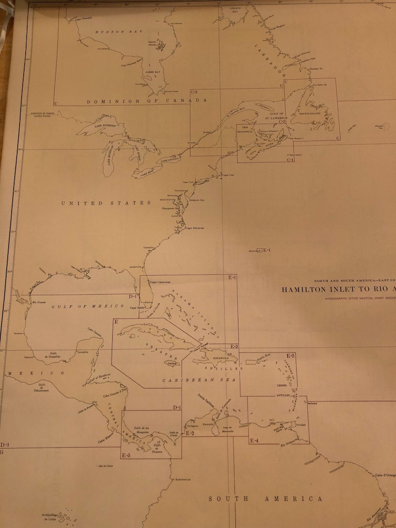 Nautical Map Americas Atlantic Coast 1947 US Dept of Navy From Brazil to Greenland Large Framable 28 by 20 inches map coastline Cartography