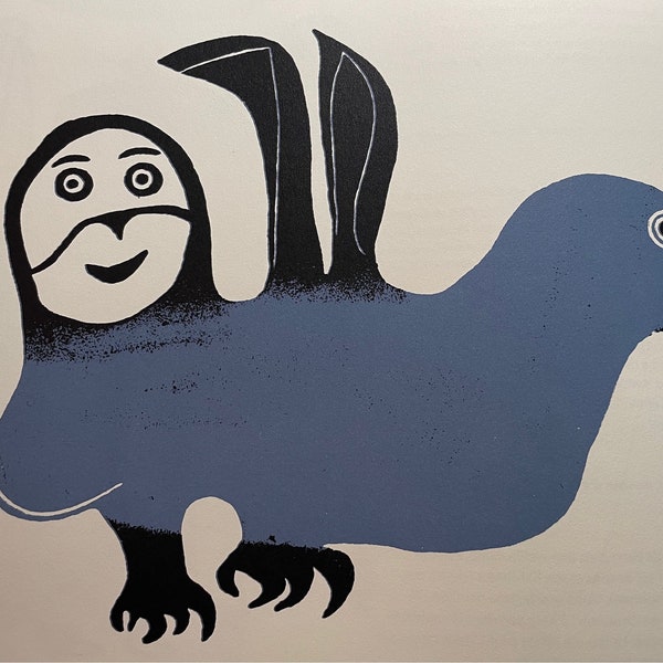 Art inuit | Oiseau spirituel d'Angotigulu | Signé dans la plaque | Taille de pierre | Lithographie d'art mural originale publiée