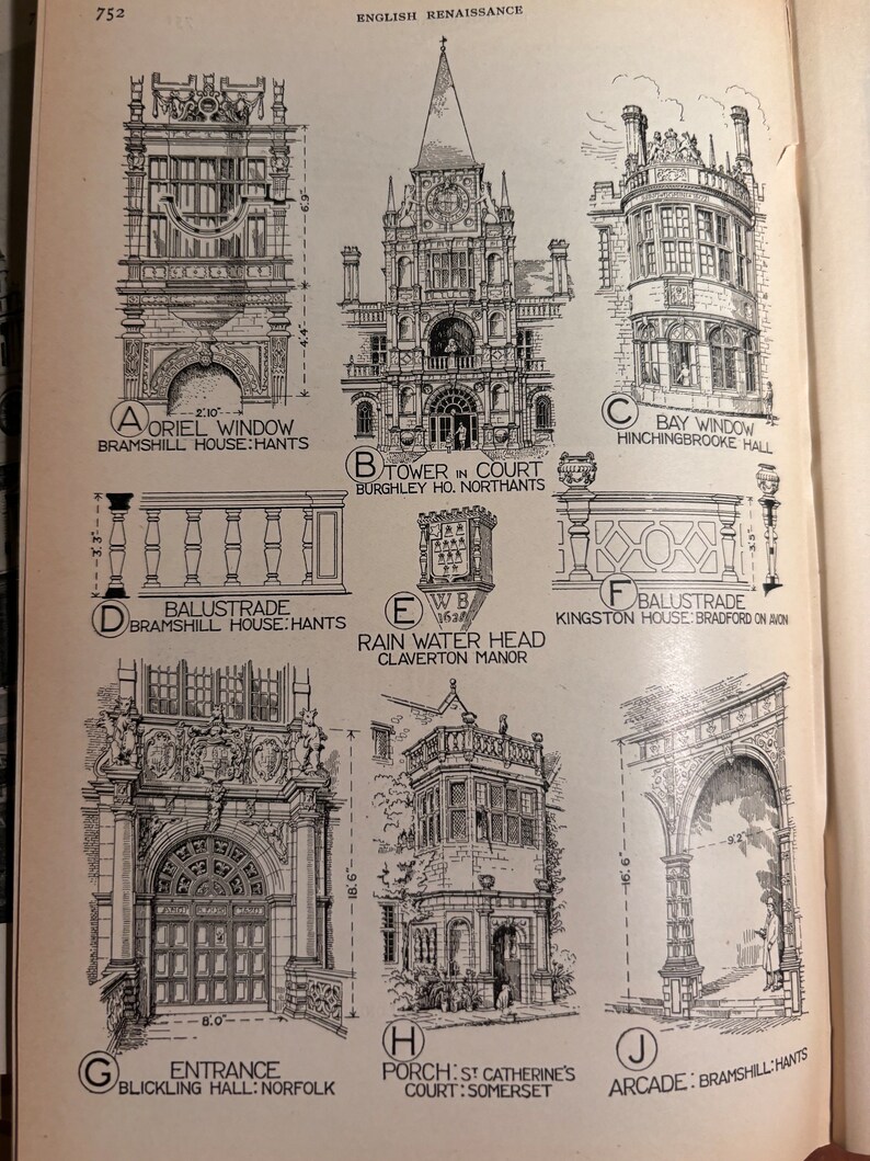 English Renaissance Architecture Details Original 1924 Wall Art Gift ...