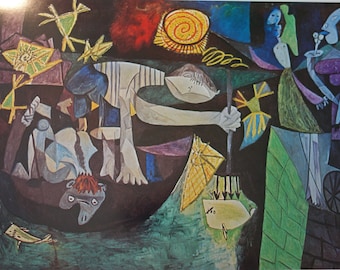 Picasso Night Fishing at Antibes Vintage Poster 1980 edition print 11.5 by 16 large poster original painted in 1939 Abstract cubist