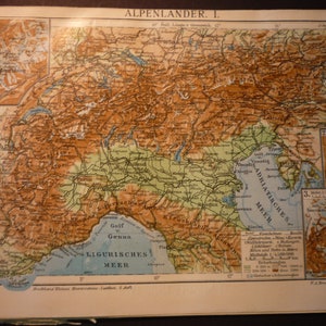 Karte der Alpen 1910 - antike Farblithographie deutsche Buch Platte helle Farben leicht zu Rahmen für Karte Liebhaber Frankreich Schweiz Italien