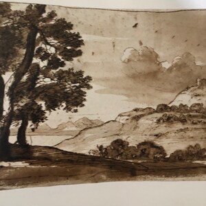 May include: A sepia toned drawing of a landscape with a large tree in the foreground, hills in the distance, and a cloudy sky.