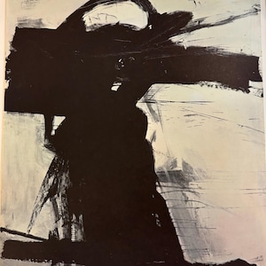 May include: Abstract painting with black and white brushstrokes. The painting features a large black shape in the center, with smaller white shapes surrounding it. The background is a light beige color.