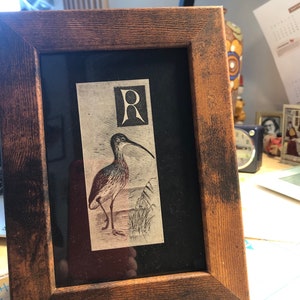 Letter R Monogram Alphabet Woodcut by A Thornburn with Curlew Framed Antique Original print Published Lithograph Rare image 4