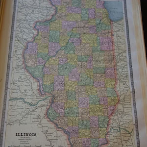 Carte de l'Illinois de 1886 | Lithographie vintage Americana colorée à la main 13 x 11 pouces | Leçon d'histoire du cartographe de Cram | Millésime original