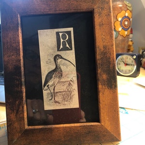 Letter R Monogram Alphabet Woodcut by A Thornburn with Curlew Framed Antique Original print Published Lithograph Rare image 5