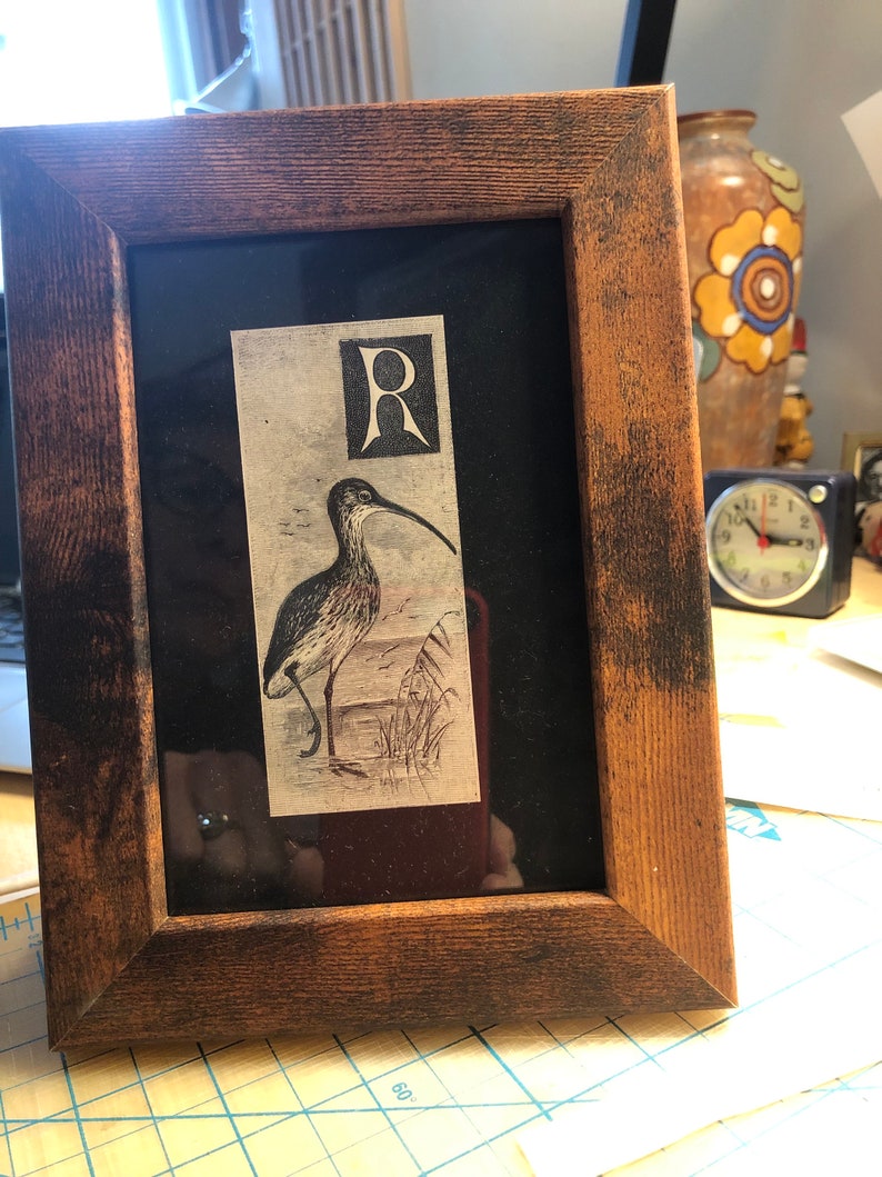 Letter R Monogram Alphabet Woodcut by A Thornburn with Curlew Framed Antique Original print Published Lithograph Rare image 5