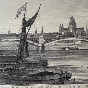 London Southwark Iron Bridge | 18th c Landmarks | Original published lithograph | Affordable Wall Art | Ready to Frame