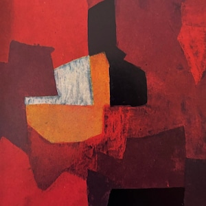 Può includere: Dipinto astratto con forme geometriche in tonalità di rosso, arancione, nero e bianco. Il dipinto ha una superficie testurizzata e uno stile moderno.