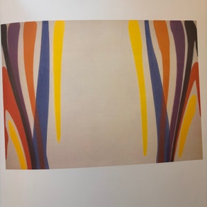 May include: Abstract art print with a white background and colorful vertical stripes in shades of yellow, orange, purple, and blue.