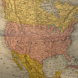 Mapa de América del Norte de 1886, litografía coloreada a mano, estilo americano, 13 x 22 pulgadas, doble página, arte mural grande, decoración enmarcable, EE. UU., Canadá, México