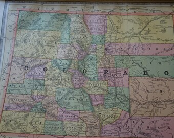 1886 Mapa Colorado Nuevo México litografía coloreada a mano Americana 13 por 11 pulgadas Impresión a dos caras Lección de historia Cram's Unrivaled Wall decor