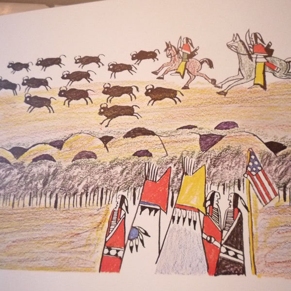 Chasing the Buffalo - Indian Sketch Books - Native American for 11 by 14 frame Ledger Art 1877 Cheyenne Indian Life - framable