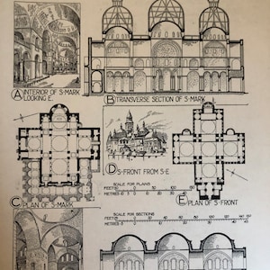 Puede incluir: Una ilustración en blanco y negro de la Basílica de San Marcos en Venecia, Italia, y la Basílica de San Front en Perigueux, Francia. El dibujo incluye planos, secciones transversales y vistas interiores, así como etiquetas y escalas en pies y metros.